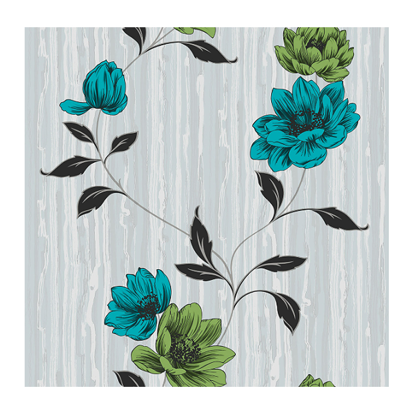 Шпалери Kontinent, Естель, сірий фон бірюзові квіти, сімплекс, 5.32м²*10.05м*53см (1381)МП thumbnail popup