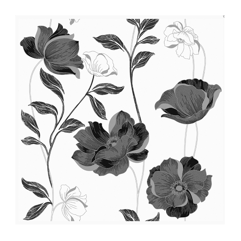 Шпалери Kontinent, Єсенія,чорні квіти срібло білий фон, сімплекс, 5.32м²*10.05м*53см (1269)МП large popup