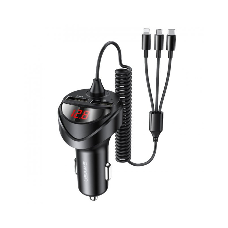 АЗП Usams US-CC119 C22 3.4A Dual USB Car Charger With 3IN1 Spring Cable Black
 large popup