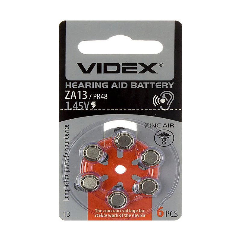 Батарейка Videx ZA13 (PR48) 1,45V, 1штука (блістер по 6шт) для слухових апаратів large popup
