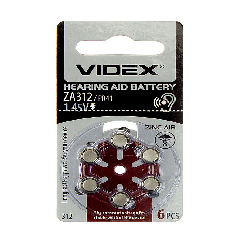 Батарейка Videx ZA312 (PR41) 1,45V, 1штука (блістер по 6шт) для слухових апаратів large popup