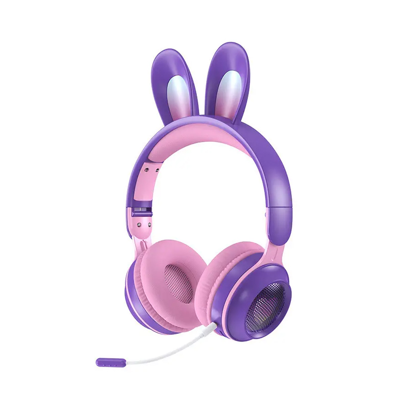 Навушники бездротові дитячі з вушками кролика, LED підсвіткою та мікрофоном фіолетові (123443)  large popup