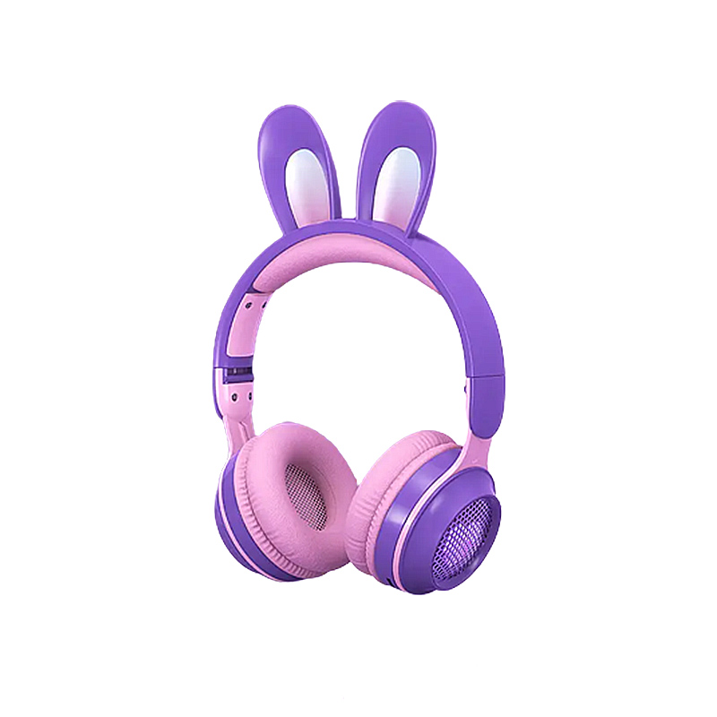 Навушники бездротові дитячі з вушками кролика, LED підсвіткою та мікрофоном фіолетові (123443)  large popup