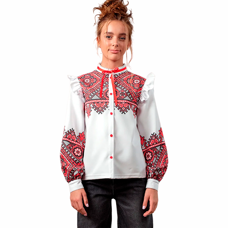 Блузка Zironka з довгим рукавом біла з червоним орнаментом для дівчинки, р.152 (арт. 2622200201) large popup