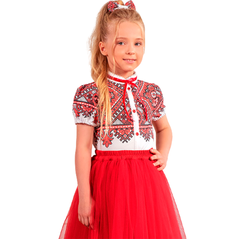 Блузка Zironka з коротким рукавом біла з червоним орнаментом для дівчинки, р.146 (арт. 2622200801)
 large popup
