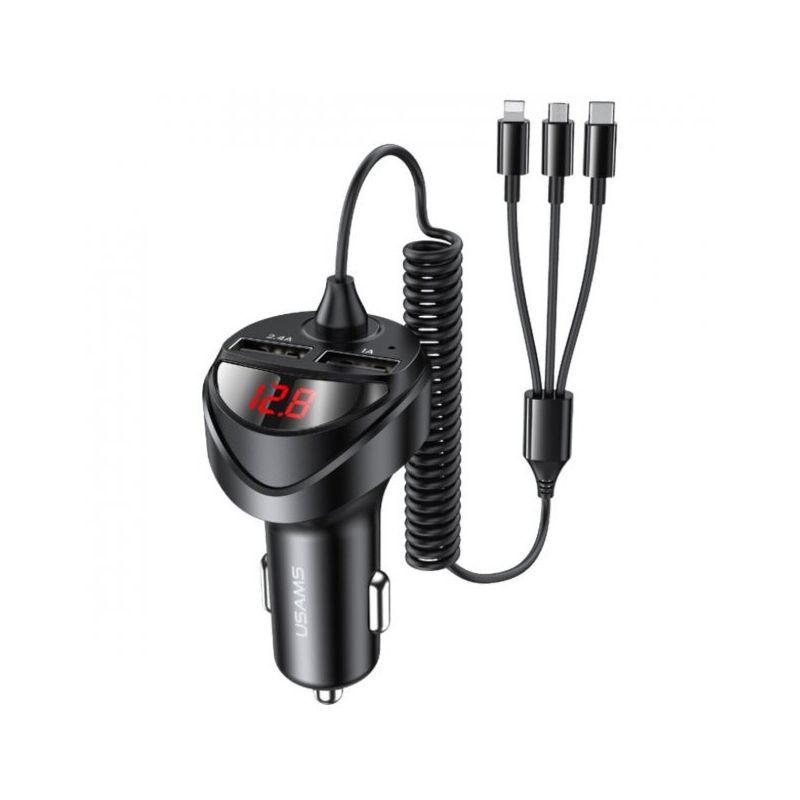 АЗП Usams US-CC119 C22 3.4A Dual USB Car Charger With 3IN1 Spring Cable Black
 thumbnail popup
