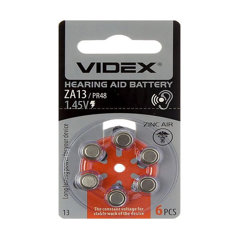 Батарейка Videx ZA13 (PR48) 1,45V, 1штука (блістер по 6шт) для слухових апаратів thumbnail popup