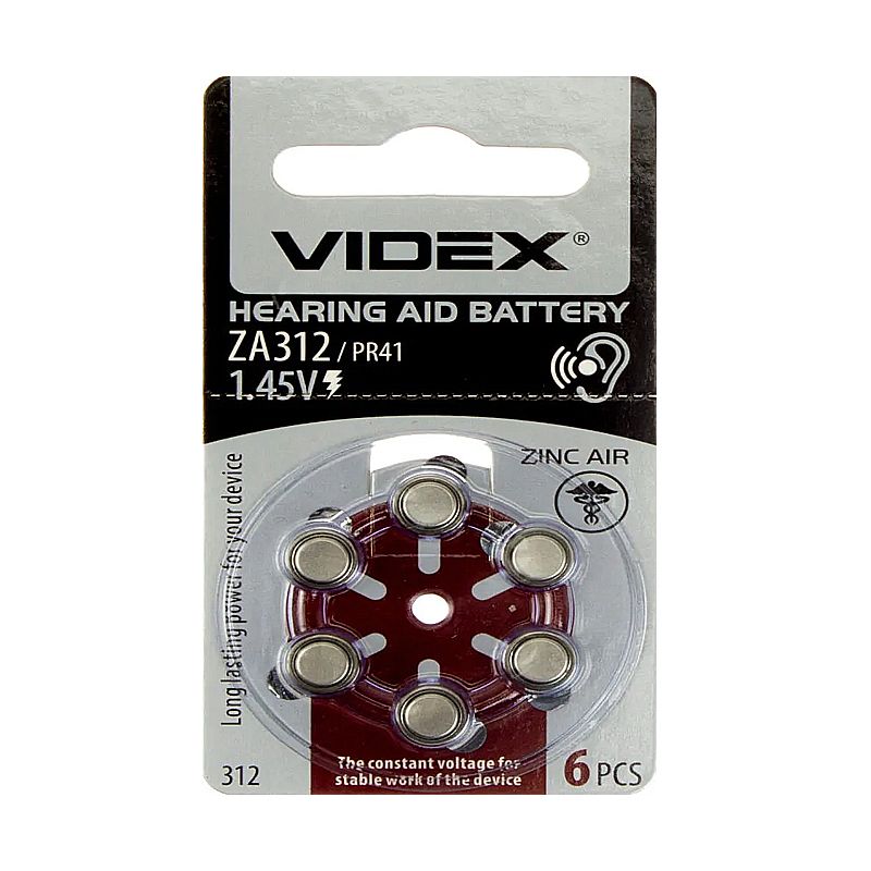 Батарейка Videx ZA312 (PR41) 1,45V, 1штука (блістер по 6шт) для слухових апаратів thumbnail popup