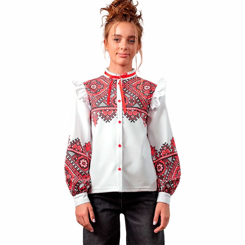Блузка Zironka з довгим рукавом біла з червоним орнаментом для дівчинки, р.116 (арт. 2622200201) thumbnail popup