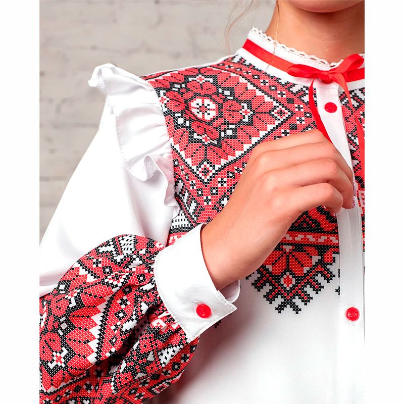 Блузка Zironka з довгим рукавом біла з червоним орнаментом для дівчинки, р.140 (арт. 2622200201) - 81107 thumbnail popup