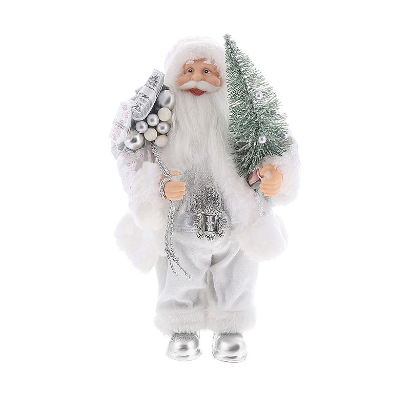 Новорічна фігура Санта з подарунками та ялинкою, 30см, колір - білий зі сріблом з паєтками thumbnail popup