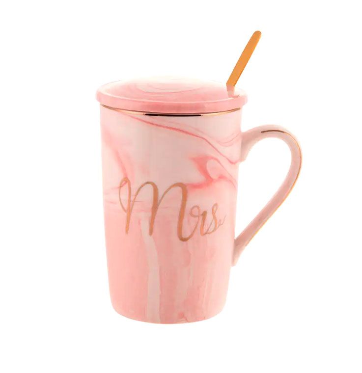 Чашка Bonadi Mrs фарфорова, з кришкою та золотою ложкою, рожевий мармур 420 мл (984-205) thumbnail popup
