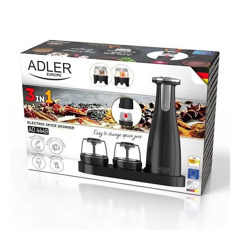 Електрична подрібнювальна машина для солі та перцю Adler AD 4449b 3 подрібнювачі - USB thumbnail popup
