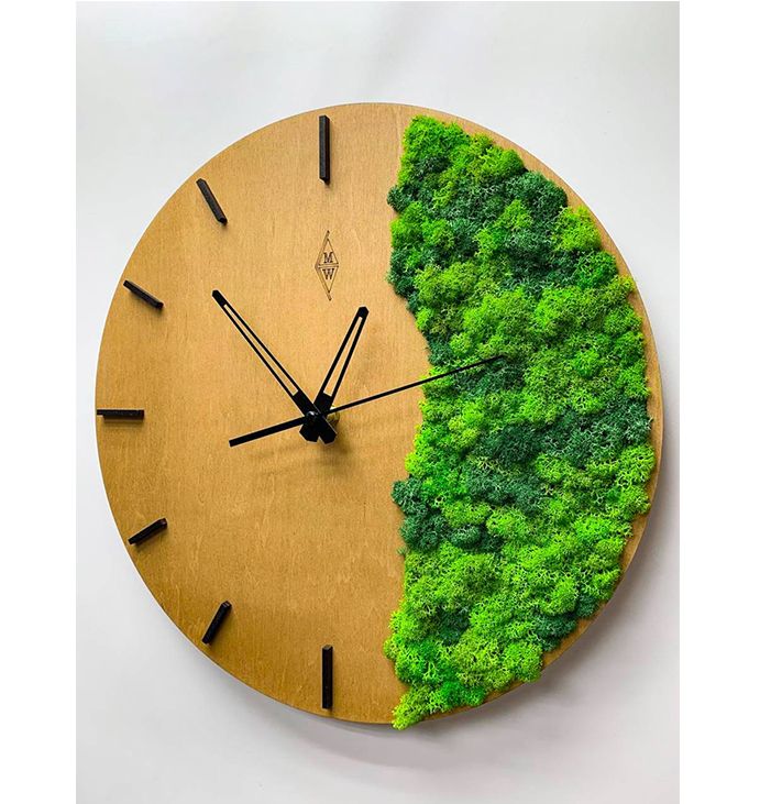 Годинник із стабілізованим мохом Clock with stabilized moss, 30 см. thumbnail popup