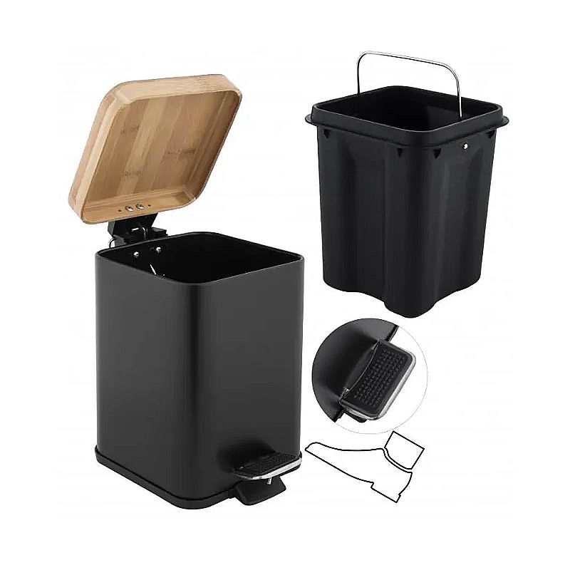 Корзина (кошик) для сміття Yoka, CH.SIDO-BLK, окремостояча, чорна, нержавіюча сталь, бамбук thumbnail popup