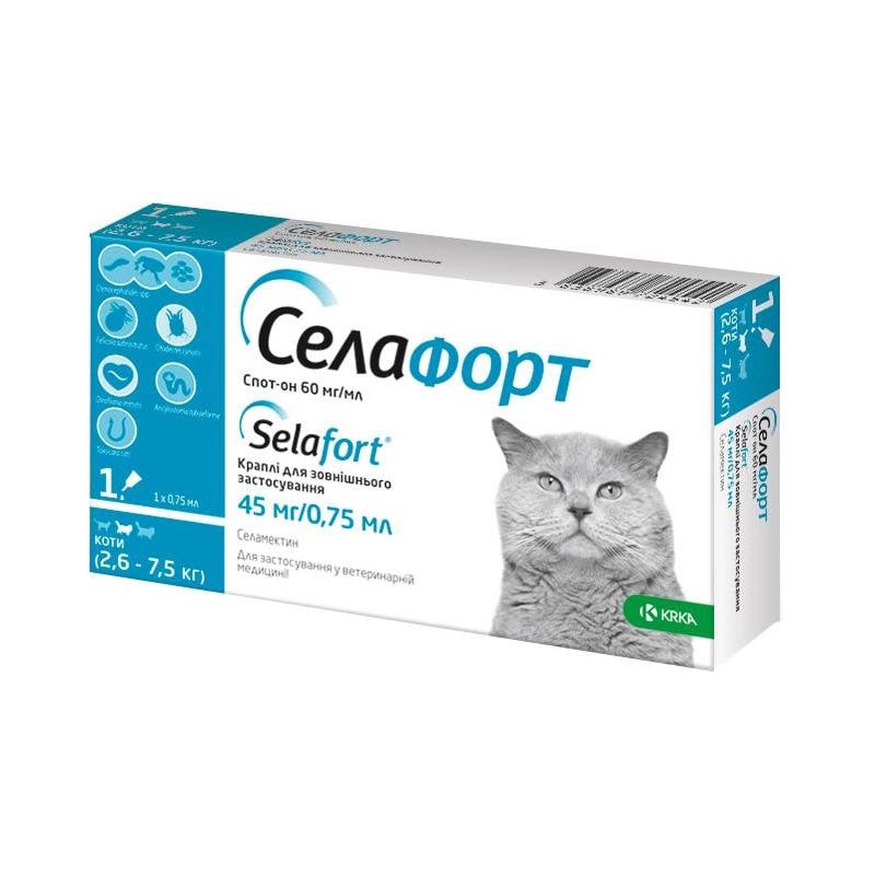 Краплі на холку від бліх, кліщів та гельмінтів Selafort  для котів від 2,6 до 7,5 кг thumbnail popup