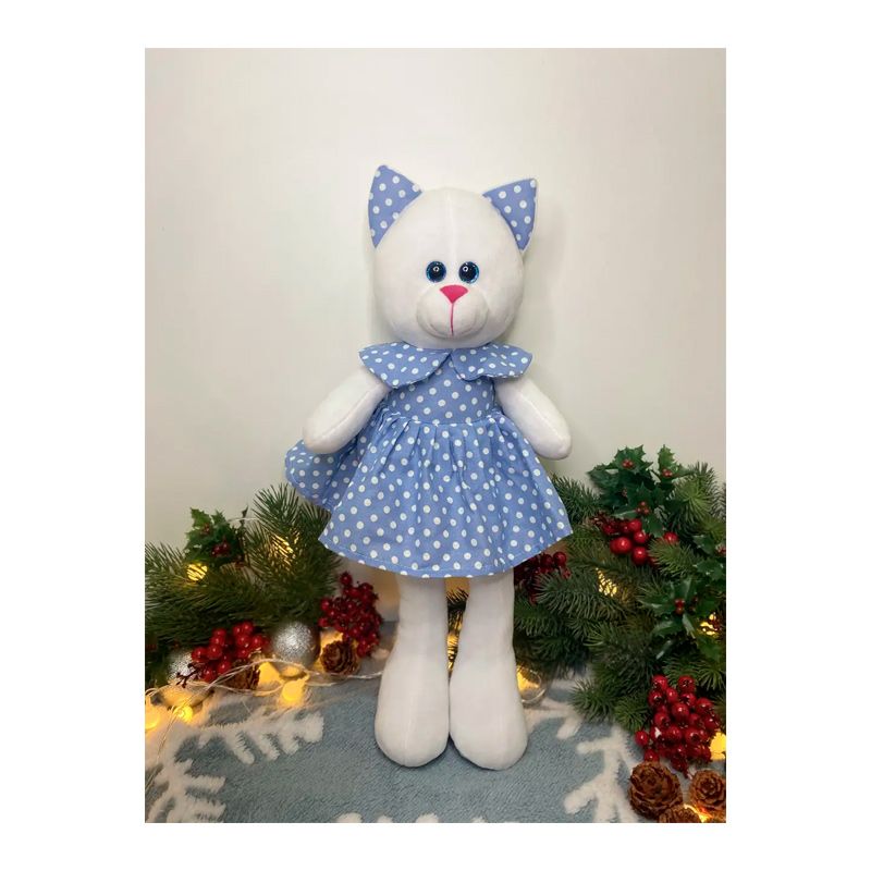 М'яка іграшка котик у платті, білий в блакитній сукні, 35 см, (М015/05) thumbnail popup
