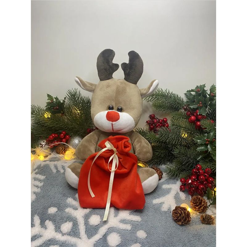 М'яка іграшка різдвяний олень із мішком, бежевий, 29 см, (М011/1) thumbnail popup