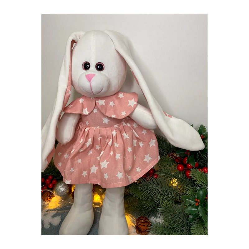 М'яка іграшка зайчик у платті, молочний в рожевій сукні, 35 см, (М014/05) thumbnail popup