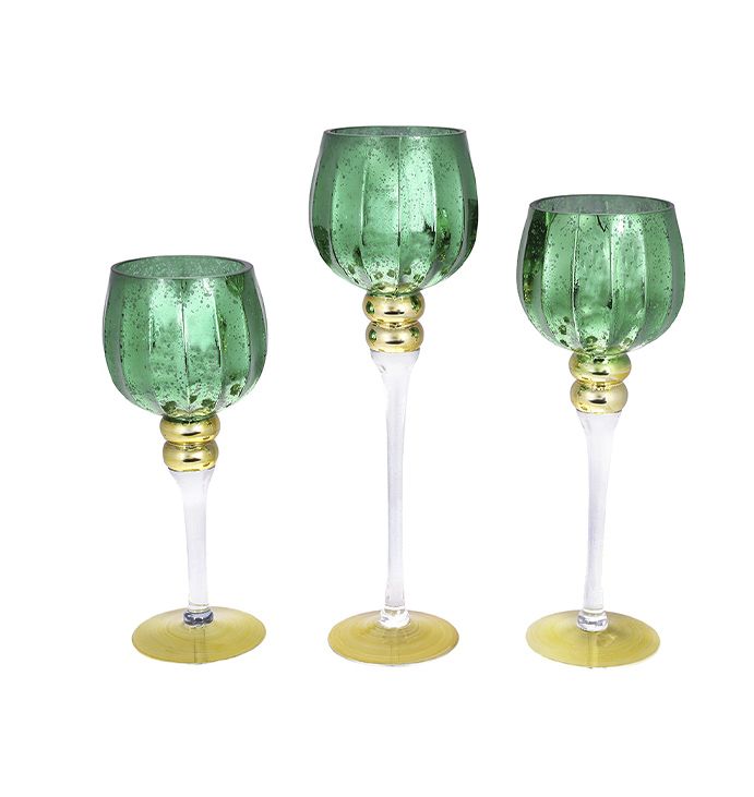 Набір (3 шт) скляних свічників, 30/35/40см, колір - смарагдово-зелений із золотом thumbnail popup