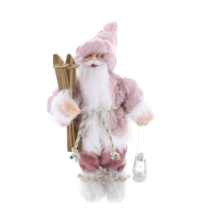 Новорічна фігура Санта з лижами та ліхтариком, 30см, колір - рожевий з білим thumbnail popup