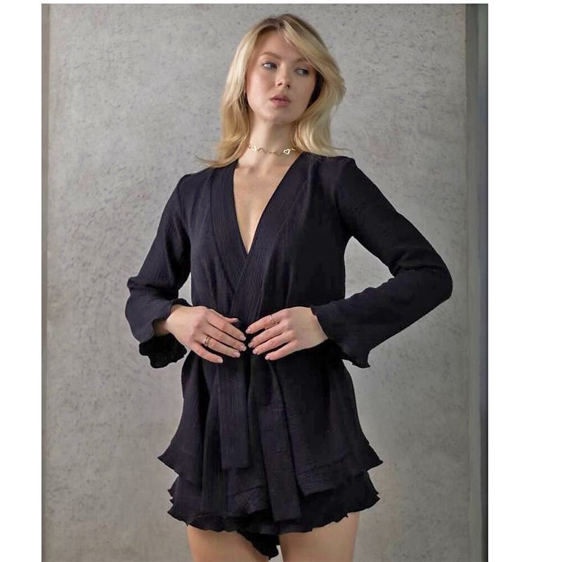 Піжамний костюм Nancy (халат шорти) муслін чорний, р.S (20786) thumbnail popup