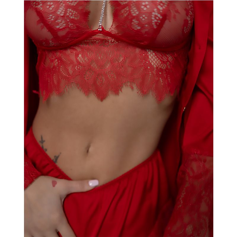 Піжамний костюм-трійка Angelica (сорочка+топ+шорти) шовк Армані та мереживо червоний M-L (30118) thumbnail popup