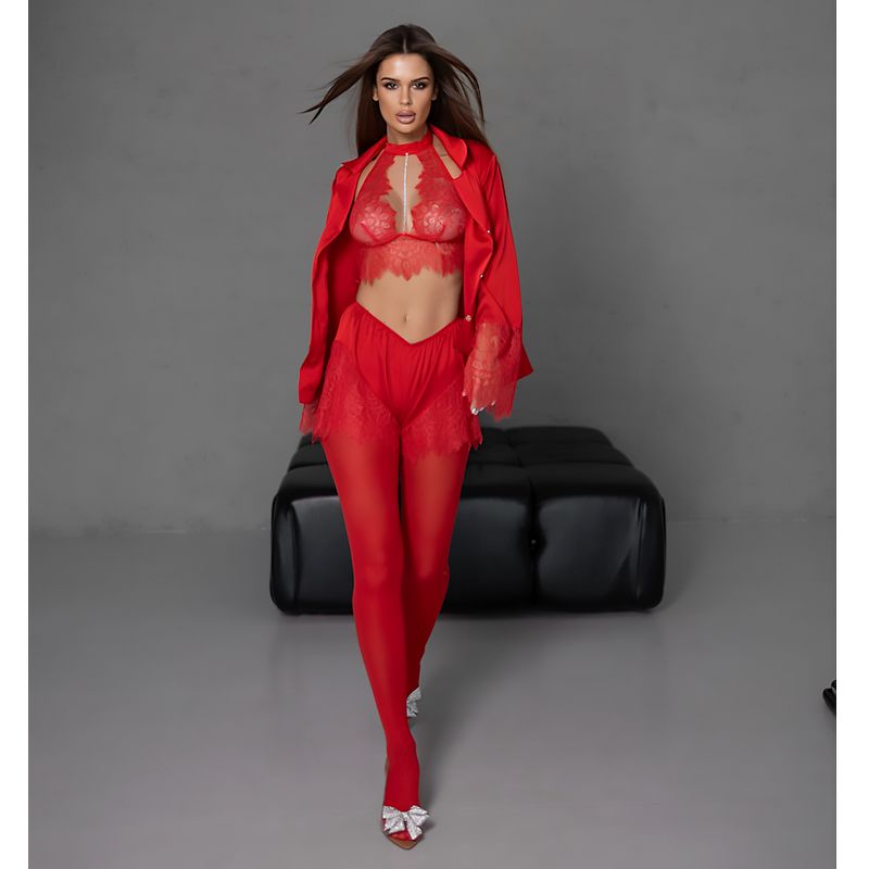 Піжамний костюм-трійка Angelica (сорочка+топ+шорти) шовк Армані та мереживо червоний XS-S (30118) thumbnail popup