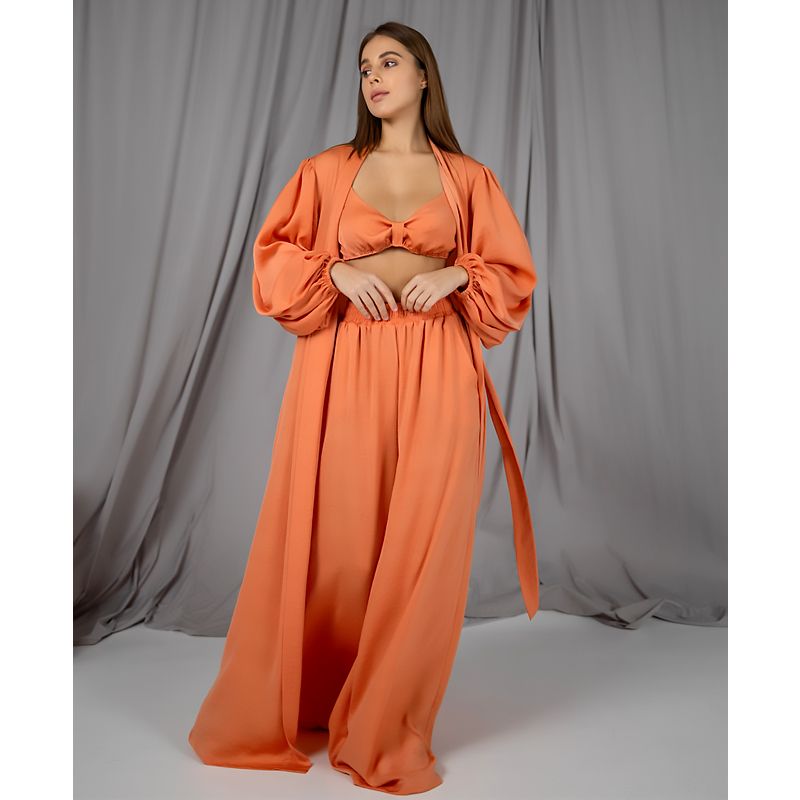 Піжамний костюм-трійка Diana шовк віскоза (бра+халат+штани) помаранчевий S-M (30107) thumbnail popup