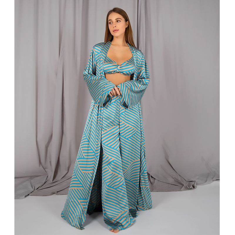Піжамний костюм-трійка Helen італійський шовк (бра халат штани) блакитний L-XL (30106) thumbnail popup