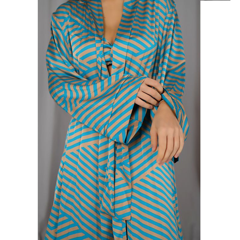 Піжамний костюм-трійка Helen італійський шовк (бра халат штани) блакитний L-XL (30106) thumbnail popup