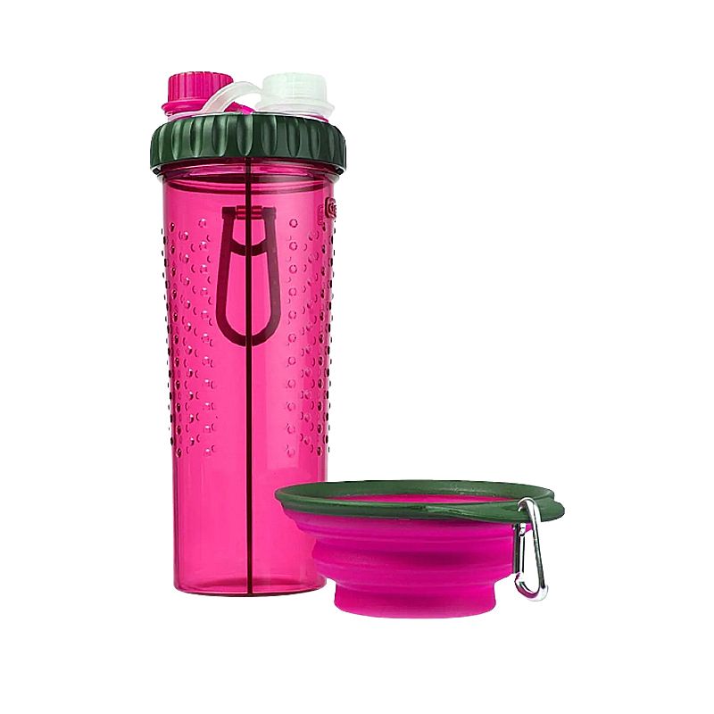 Пляшка подвійна для води та їжі зі складною мискою, 2 х 360 мл., рожева thumbnail popup