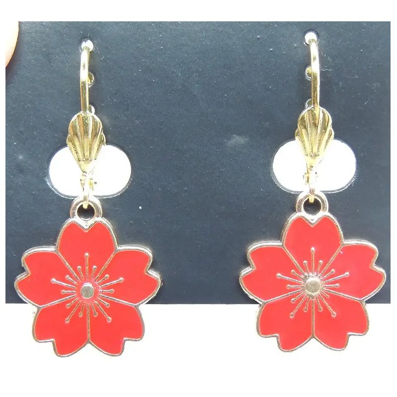 Сережки Liresmina Jewelry, червоні квіти, емаль 3.6 см thumbnail popup