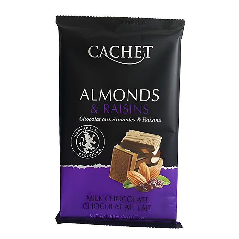 Шоколад молочний Cachet Кашет Almonds and Raisins з мигдалем та родзинками, вміст какао 54%, 300 г, thumbnail popup