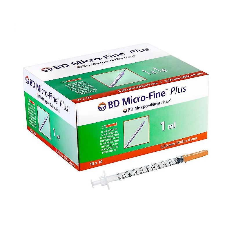 Шприци інсулінові BD Micro-Fine™ Plus 1мл, ІНСУЛІН U-40, з голкою 0,30мм (30G) x8мм, уп.10шт thumbnail popup