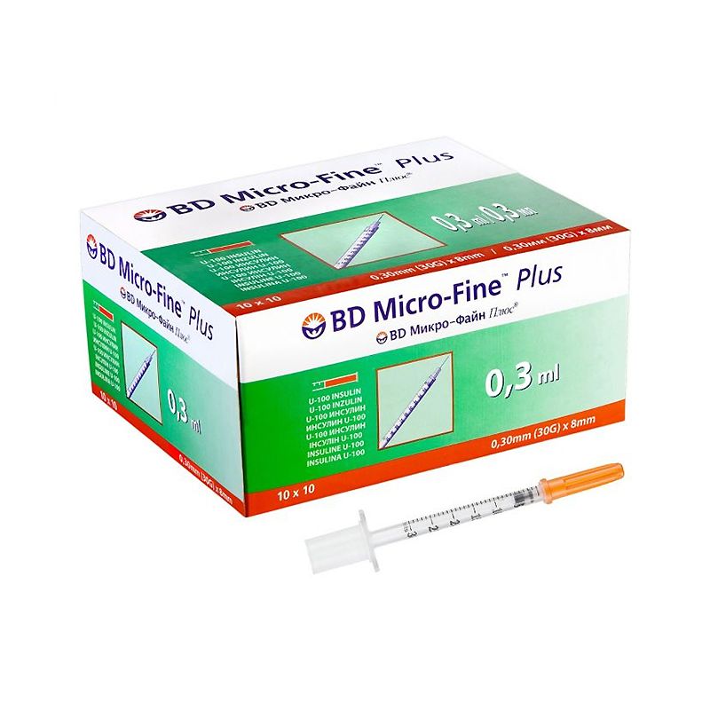 Шприци інсулінові BD Micro-Fine™ Plus DEMI 0,3 мл, ІНСУЛІН U-100, з голкою 0,30мм (30G)x8мм, уп.10шт thumbnail popup
