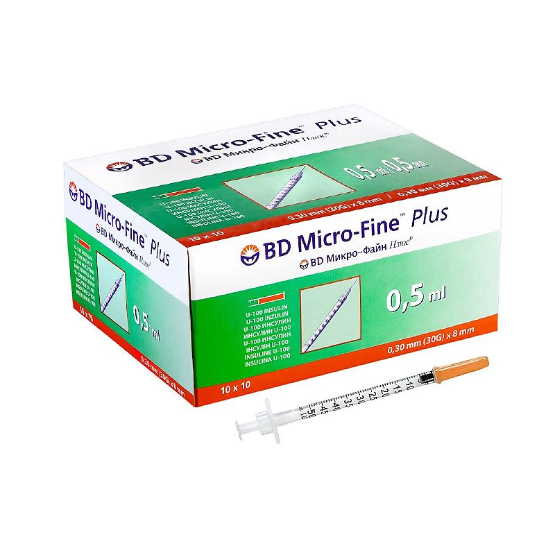 Шприци інсулінові BD Micro-Fine™ Plus 0,5мл, ІНСУЛІН U-100, з голкою 0,30 (30G)x8мм, уп.10шт thumbnail popup