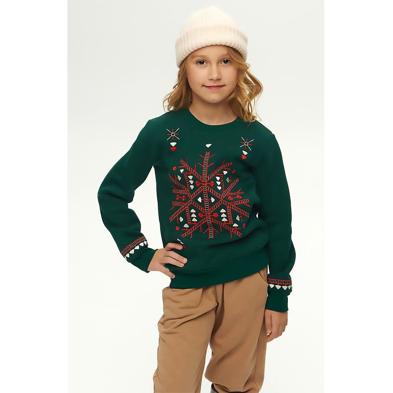 Світшот Ukrglamour для дівчинки різдвяний з вишивкою орнаменту, зелений, р.122 (UKRD-6645) thumbnail popup