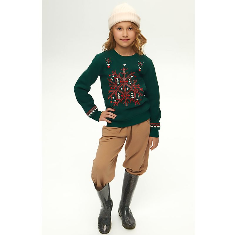 Світшот Ukrglamour для дівчинки різдвяний з вишивкою орнаменту, зелений, р.128 (UKRD-6645) thumbnail popup