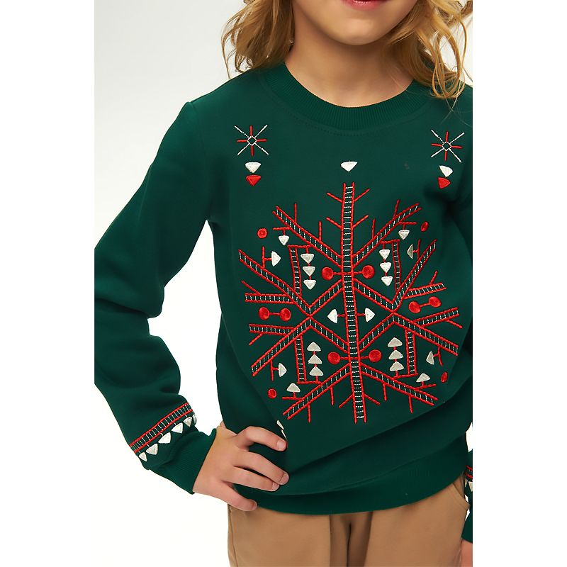 Світшот Ukrglamour для дівчинки різдвяний з вишивкою орнаменту, зелений, р.152 (UKRD-6645) thumbnail popup