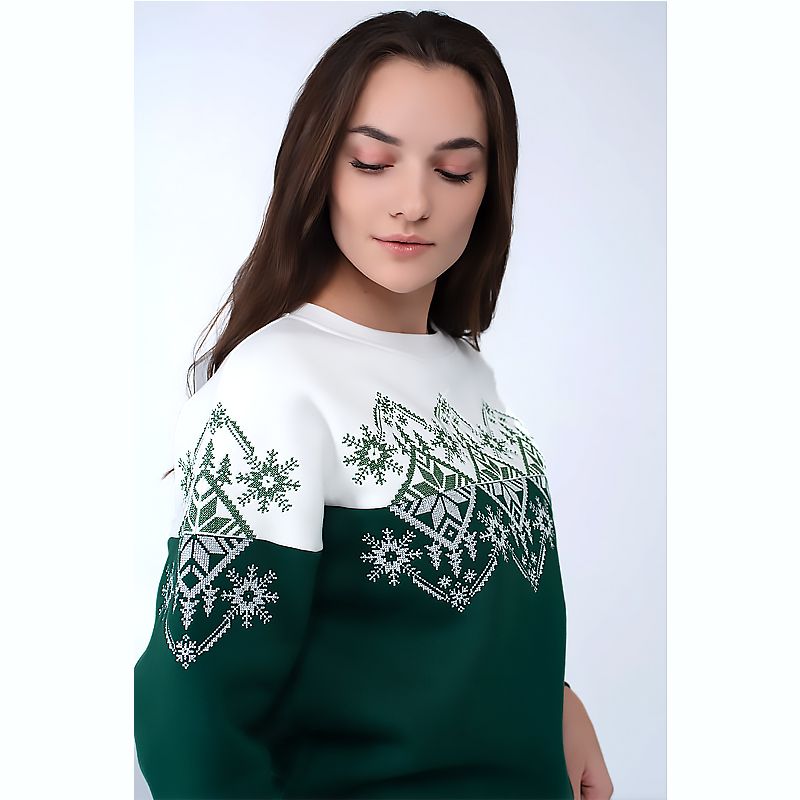 Світшот Ukrglamour жіночий новорічний з вишивкою сніжинка, зелений, р.М/44-46 (UKRS-8867) thumbnail popup