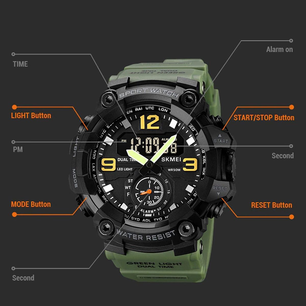 Тактичний годинник з подвійним часом Patriot 003 Army Green Gold Ukraine+Коробка (1080-1699-SV)МП - 36619 thumbnail popup