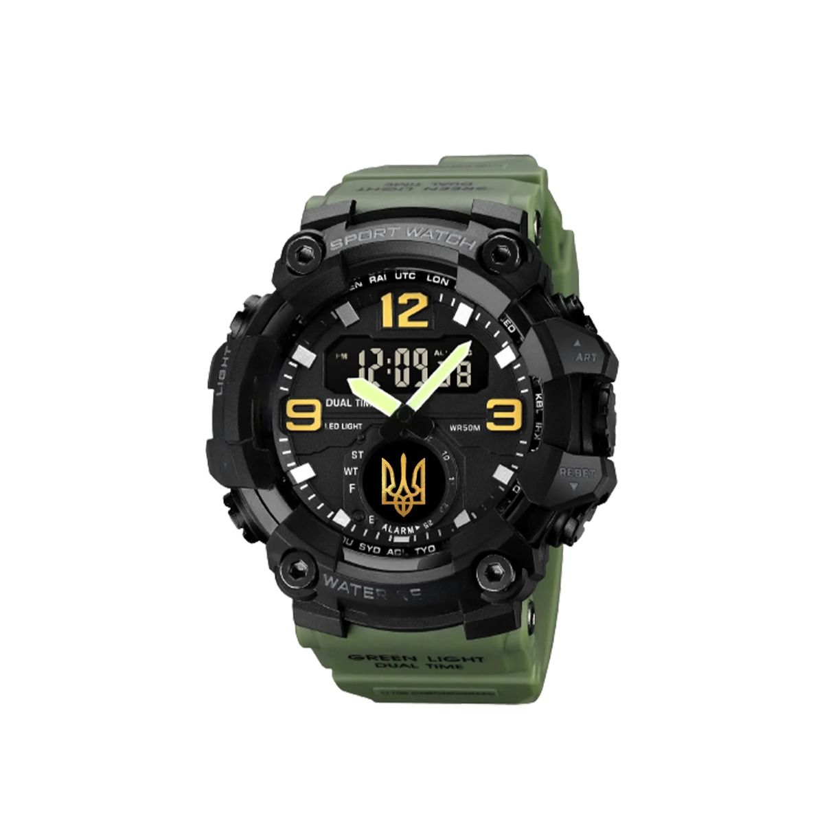 Тактичний годинник з подвійним часом Patriot 003 Army Green Gold Ukraine Коробка (1080-1699-SV) thumbnail popup