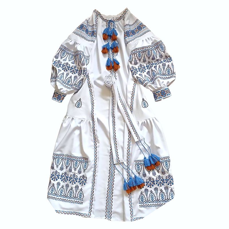 Вишита жіноча сукня Liko, сукня-вишиванка ручна робота, біла з блакитним орнаментом, р.58 (L1/L14) thumbnail popup