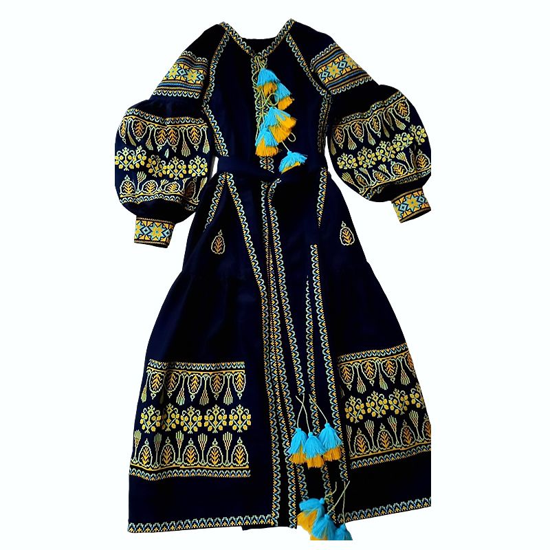 Вишита жіноча сукня Liko, сукня-вишиванка ручна робота, темно-синя з жовтим орнаментом, р.46 (L1/L13 thumbnail popup