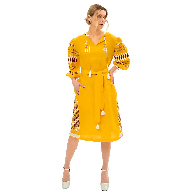 Вишиванка Ukrglamour,  жіноча лляна вишита сукня Лютнева, жовта, р.L-XL (UKR-4242)  thumbnail popup