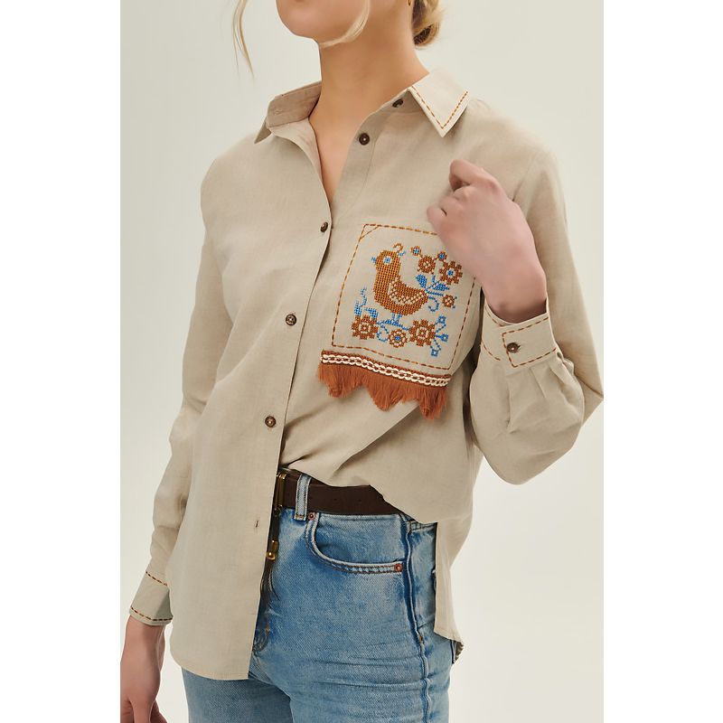 Вишиванка Ukrglamour,  жіноча лляна вишита блуза Сіла Птаха, сіра, р.L (UKR-5251)  thumbnail popup