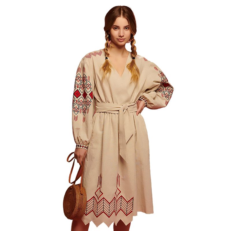 Вишиванка Ukrglamour,  жіноча лляна вишита сукня Хвиля 3, р.XL (UKR-4239)  thumbnail popup