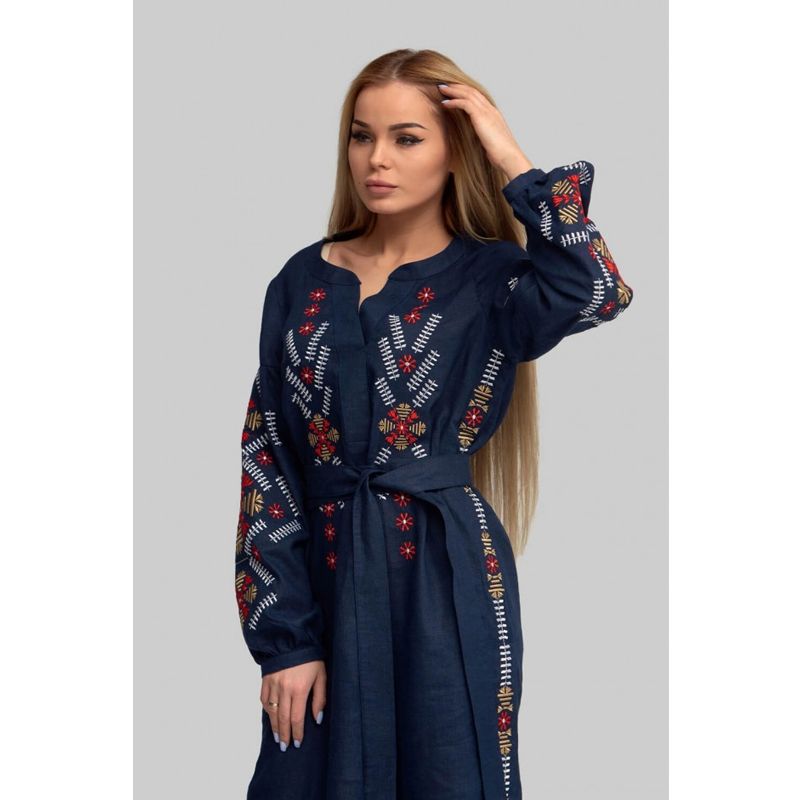 Вишиванка Ukrglamour,  жіноча лляна вишита сукня Navy blue 3, р.XХL/52-54 (UKR-4178)  thumbnail popup