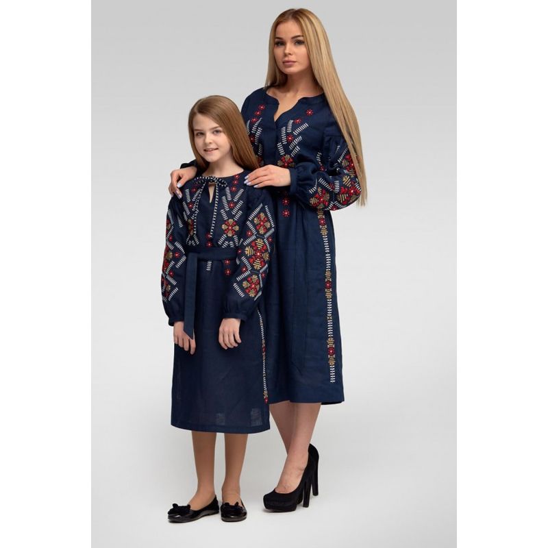 Вишиванка Ukrglamour,  жіноча лляна вишита сукня Navy blue 3, р.XХL/52-54 (UKR-4178)  thumbnail popup